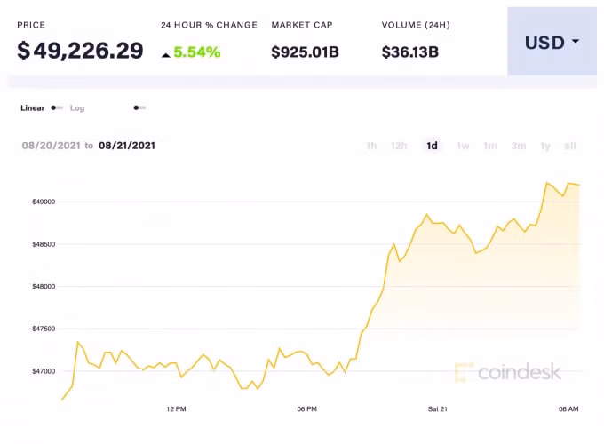 Giá Bitcoin trong 24 giờ qua. Ảnh: Coindesk