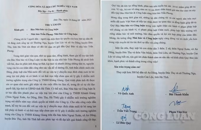 Bức thư cảm ơn của người dân gửi Báo Nhà báo và Công luận