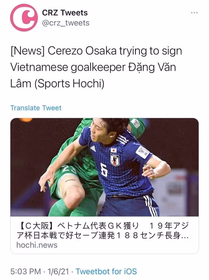 Thông tin trên tờ Hochi News (Nhật Bản) đưa tin Văn Lâm sắp cập bến Cerezo Osaka. Ảnh: sport442.com.vn