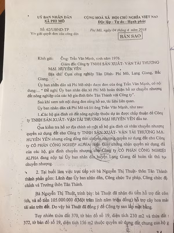 Văn bản của UBND xã Phi Mô trả lời đại diện Công ty Huyền Yến thể hiện việc bà Thuật đã đồng ý cho Công ty san lấp mặt bằng.