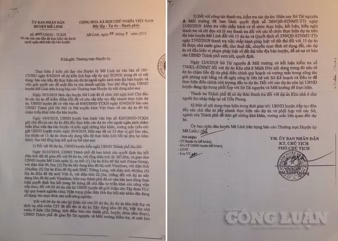 Báo cáo về việc thực hiện các dự án ngoài ngân sách trên địa bàn huyện Mê Linh không có tên dự án nêu trên.