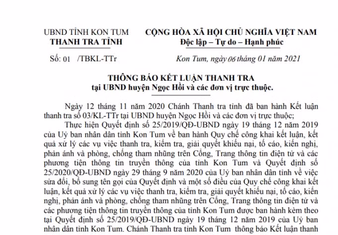 Thông báo kết luận thanh tra