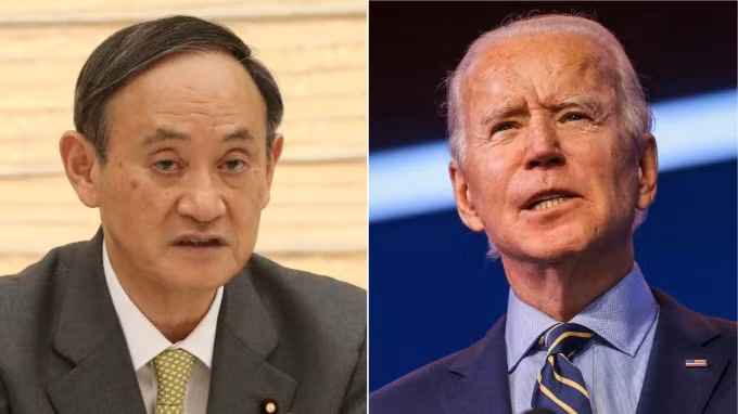 Hai ông Suga và Biden đều cam kết đạt được mức không phát thải vào năm 2050. Ảnh Suga: Uichiro Kasai/Nikkei, Ảnh Biden: Reuters.