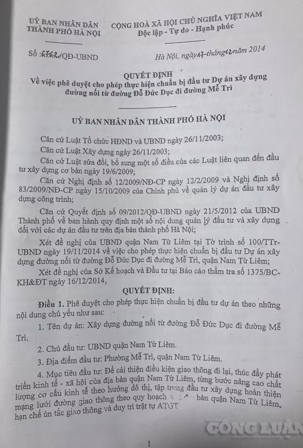 Quyết định số 6762/QĐ-UBND về việc phê duyệt cho phép thực hiện chuẩn bị đầu tư Dự án xây dựng đường nối từ đường Đỗ Đức Dục đi đường Mễ Trì của UBND TP. Hà Nội