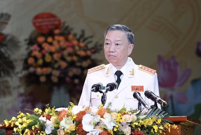 Đại tướng Tô Lâm trình bày diễn văn tại Lễ kỷ niệm. (Ảnh BCA)