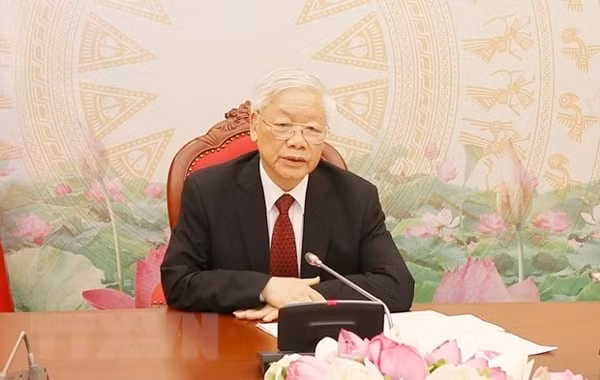 Tổng Bí thư, Chủ tịch nước Nguyễn Phú Trọng điện đàm trực tiếp với Tổng Bí thư, Chủ tịch nước Lào Bounnhang Vorachith. Ảnh: TTXVN