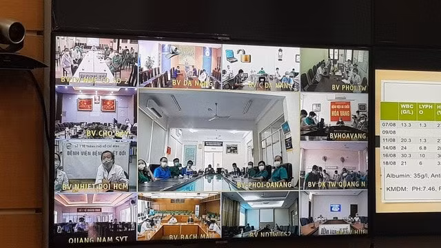 Các điểm cầu tham gia buổi hội chẩn chiều 18/8. Ảnh: V.Thu.