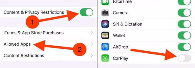 Tiếp tục bật Content & Privacy Restrictions, sau đó chọn Allowed Apps. Ảnh: internet.