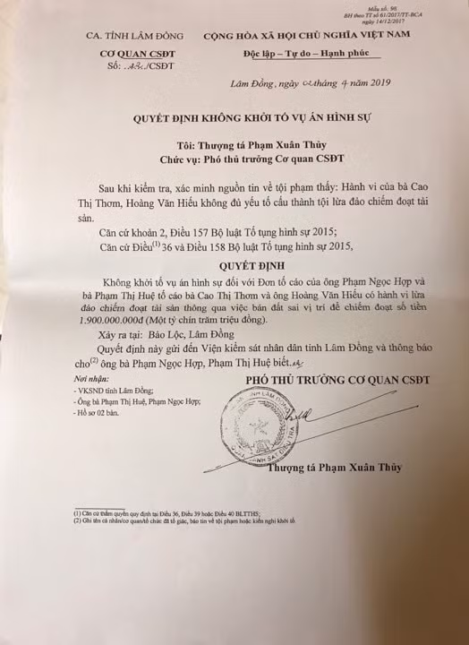 Quyết định không khởi tố vụ án hình sự của Cơ quan CSĐT Công an tỉnh Lâm Đồng đã gây ra sự phản đối gay gắt của người bị hại.