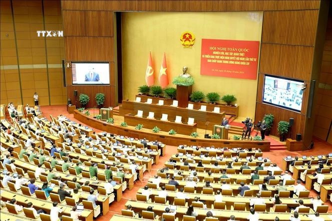 Toàn cảnh hội nghị tại điểm cầu Trung tâm - Nhà Quốc hội, Hà Nội. Ảnh: TTXVN.
