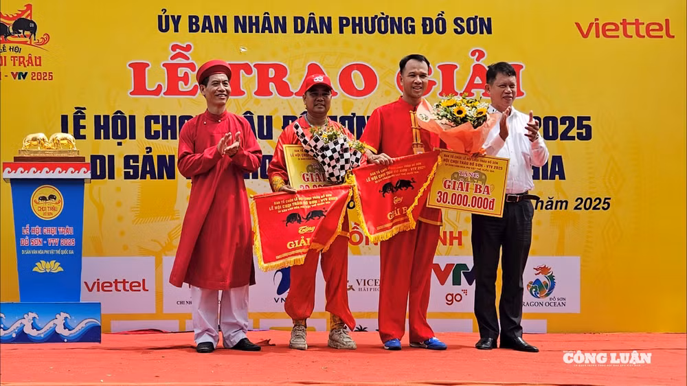 Ban tổ chức trao giải ba cho ông trâu số 04, chủ trâu ông Nguyễn Ngọc Hùng - đình Ngọc Xuyên phường Đồ Sơn và ông trâu số 14, chủ trâu ông Nguyễn Văn Nam - đền Nghe, phường Đồ Sơn.