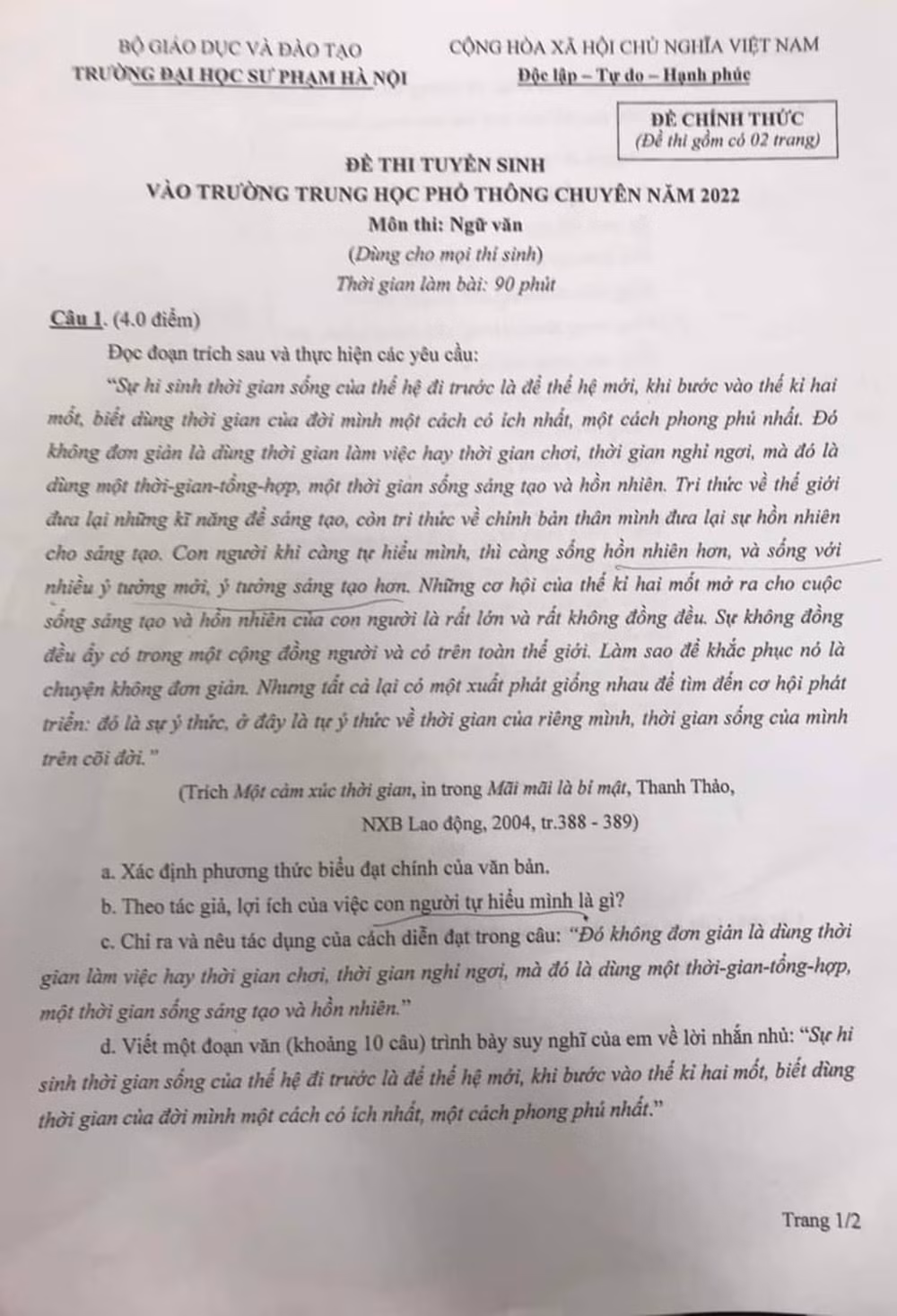 thi sinh du thi vao lop 10 truong thpt chuyen dai hoc su pham ha noi nam 2023 bat dau thi mon ngu van hinh 1