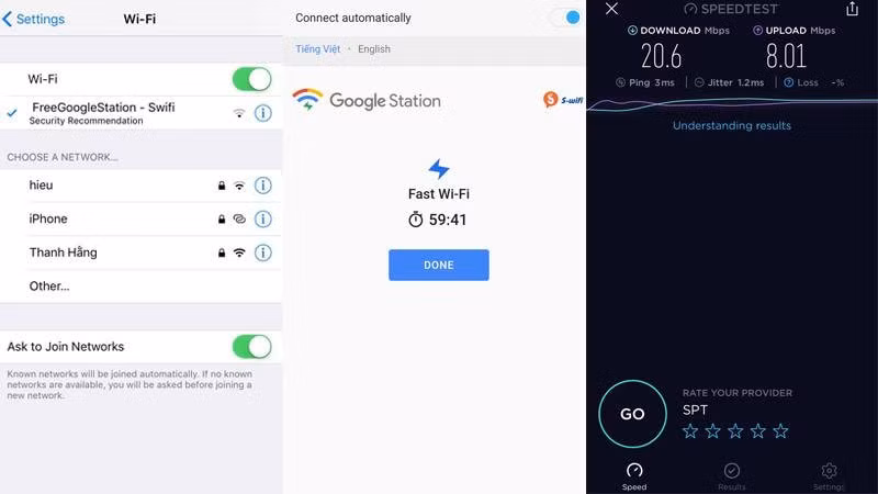 Sóng wifi của Google tại Đại học Sư phạm Kỹ Thuật và tốc độ đo được. Ảnh: TGDD.
