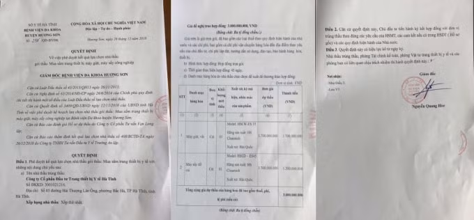Ông Nguyễn Quang Hòe (Giám đốc bệnh viện) ký Quyết định số 297QĐ-BV ĐK lựa chọn Công ty CP đầu tư trang thiết bị y tế Hà Tĩnh là đơn vị trúng thầu gói thầu mua sắm trang thiết bị máy giặt, máy sấy công nghiệp.