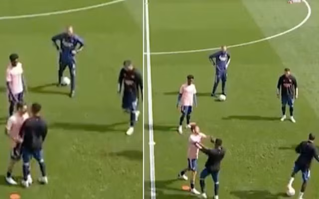 Hình ảnh tình huống xô xát giữa Dani Ceballos và Eddie Nketiah trong buổi tập mới đây của Arsenal. Ảnh: internet.