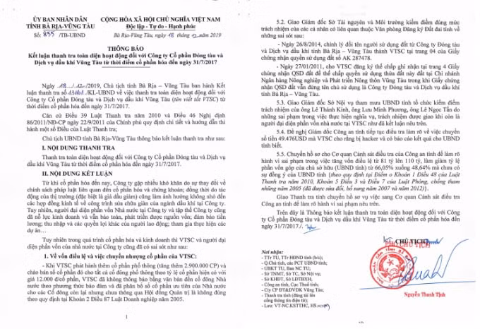 Thông báo số 855/TB-UBND ngày 18/12/2019 kết luận thanh tra toàn diện hoạt động đối với Công ty CP Đóng tàu và Dịch vụ dầu khí Vũng Tàu