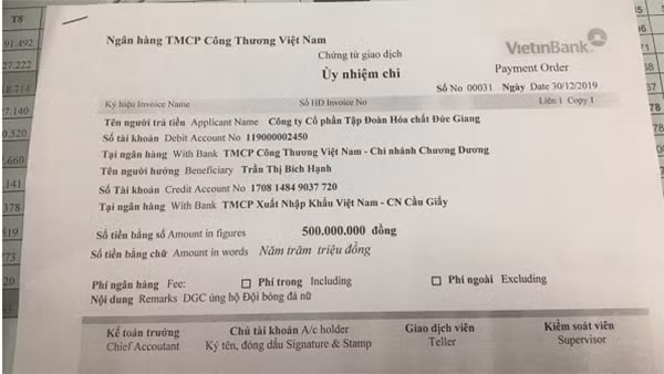 Phiếu chi mang tên Trần Thị Bích Hạnh.