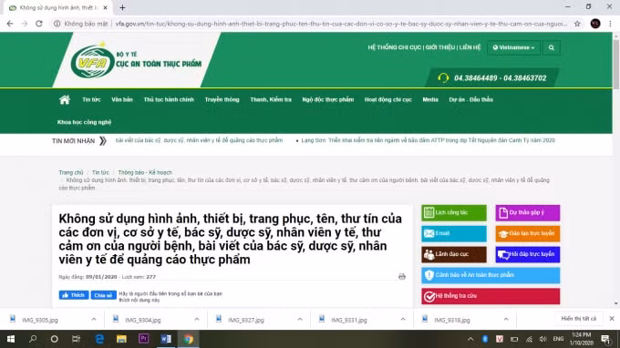 Thông báo từ Cục An toàn thực phẩm (Bộ Y tế). Ảnh chụp màn hình.