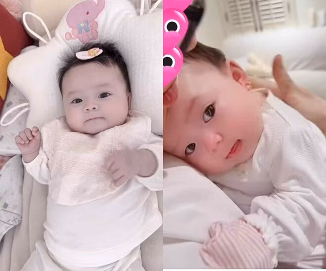 Con gái Phương Lê - Vũ Luân mới hơn 2 tháng tuổi đã biết méc bố khi bị đau.