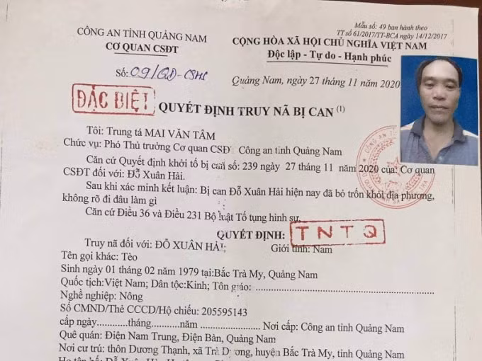 Quyết định truy nã bị can Đỗ Xuân Hải.